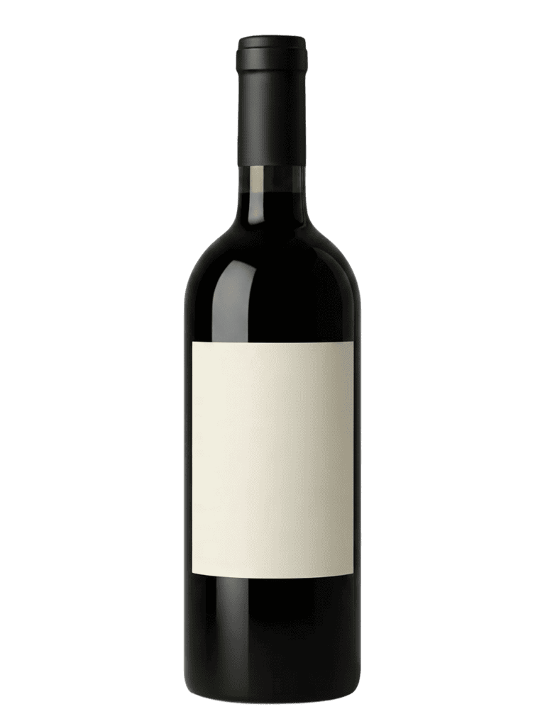 Tall dark glass wine bottle with an empty cream label against a black background.